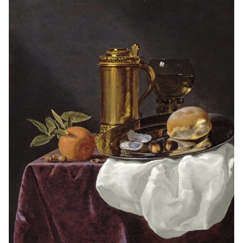 Simon Luttichuys (London 1610 - 1662 Amsterdam) “Still Life of a Seventeenth Century German Tankard with Oysters, Bread and an Orange resting on a Draped Ledge”