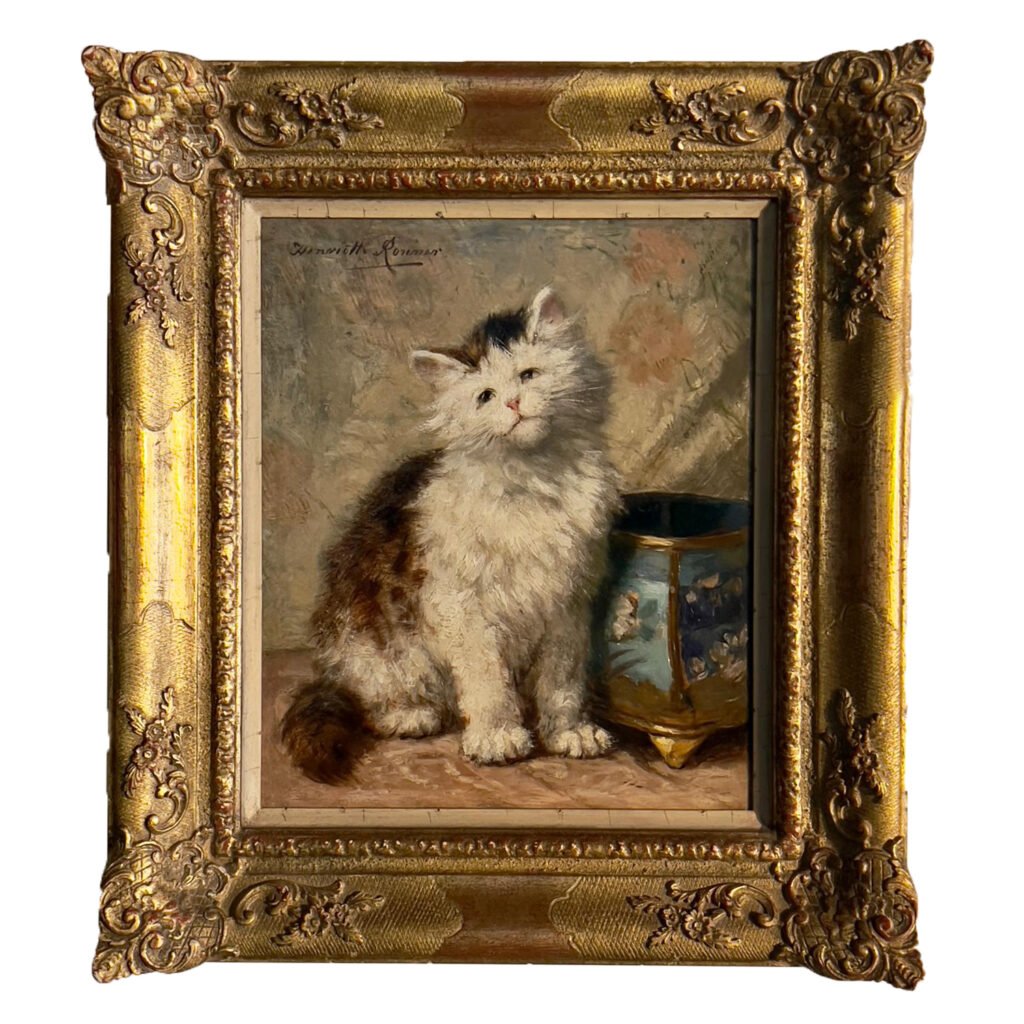 Henriëtte Ronner-Knip (Amsterdam 1821-1909 Brussels). Kitten by a cloisonné jardinière. 22.86 x 19.05 cm.
